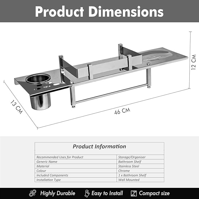 Pivalo 4 in 1 304 Grade Stainless Steel Bathroom Shelf Multipurpose Home Accessories Organizer Set Corner Wall Mount Rack with Mirror Finish Holder for Towel Soap & Toothbrush (Pack of 1) - Image 3