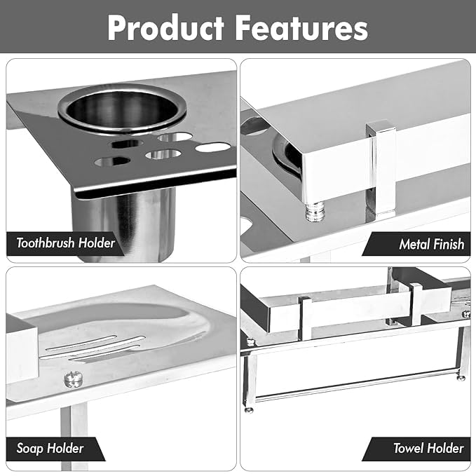 Pivalo 4 in 1 304 Grade Stainless Steel Bathroom Shelf Multipurpose Home Accessories Organizer Set Corner Wall Mount Rack with Mirror Finish Holder for Towel Soap & Toothbrush (Pack of 1) - Image 2