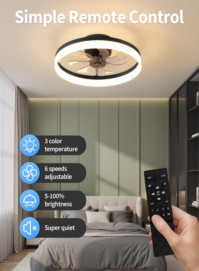 PUSU 15.8" Low Profile LED Ceiling Fans with Light, Reversible Flush Mount with Remote and 6 Winds Speeds Fan Lighting, 3 Colors Dimmable for Bedroom, Garage, Kids, Dinning Room, Kitchen (Black) - Image 2