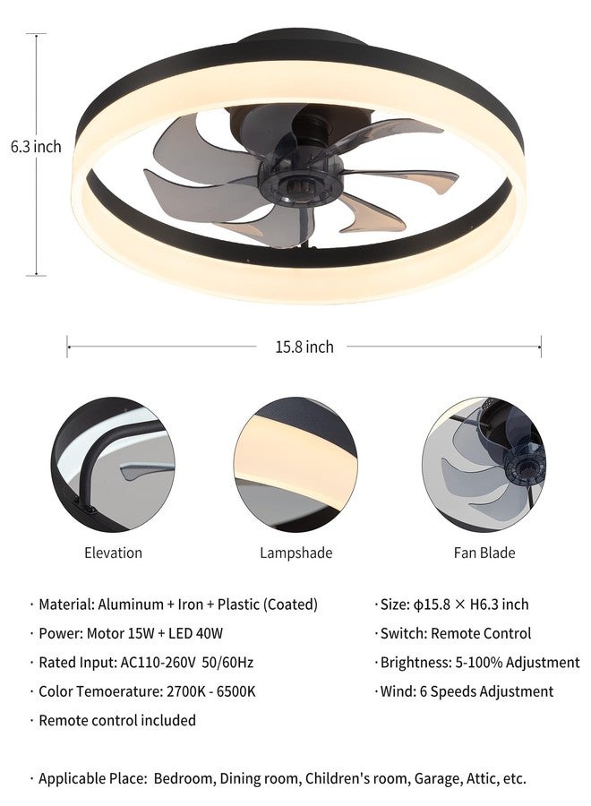PUSU 15.8" Low Profile LED Ceiling Fans with Light, Reversible Flush Mount with Remote and 6 Winds Speeds Fan Lighting, 3 Colors Dimmable for Bedroom, Garage, Kids, Dinning Room, Kitchen (Black) - Image 5
