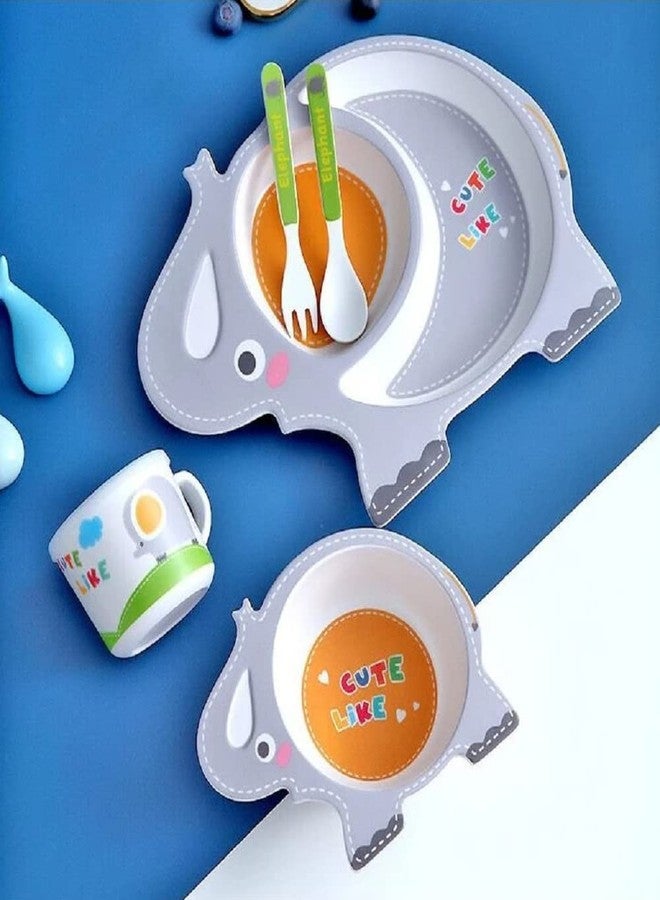Vroxy طبق طعام مقسم من Vroxy، مناسب للأطفال الرضع والصغار، يتضمن وعاءً وكوباً وشوكة وملعقة لإطعام الأطفال، مصنوع من ألياف الخيزران، آمن للغسل في غسالة الصحون (على شكل فيل). - Image 4