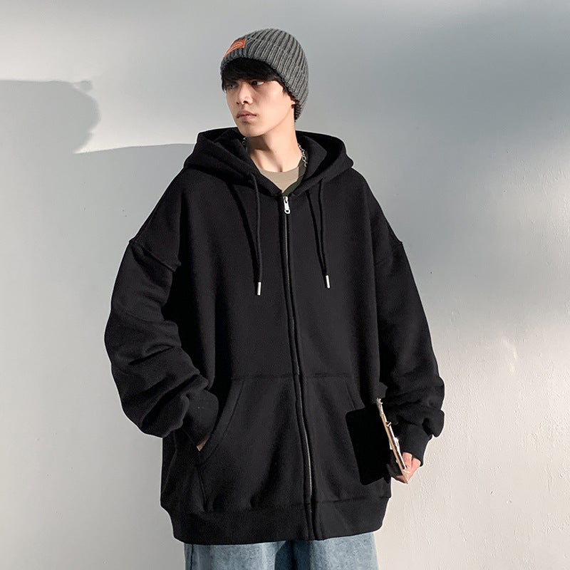 2022 Autumn Winter Mens Hooded Cardigan Sweatshirt Casual Loose Fit Zip-Up Jacket Dark gray  - Image 3