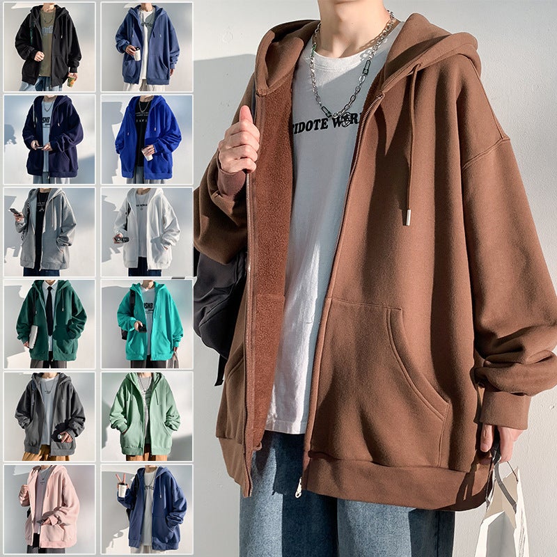 2022 Autumn Winter Mens Hooded Cardigan Sweatshirt Casual Loose Fit Zip-Up Jacket Dark gray  - Image 4