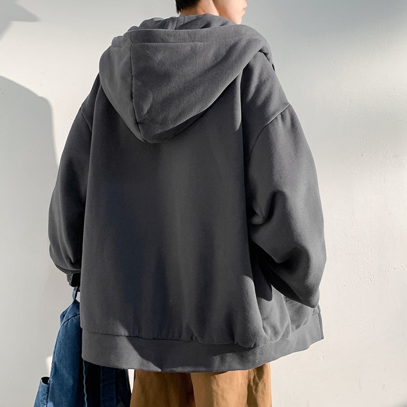 2022 Autumn Winter Mens Hooded Cardigan Sweatshirt Casual Loose Fit Zip-Up Jacket Dark gray  - Image 1