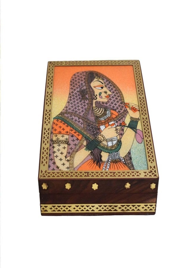 Tarang Arts صندوق مجوهرات من الأحجار الكريمة من تارانج آرتس مزين برسومات يدوية لسيدة | صندوق خشبي مزخرف للمجوهرات والحلي والتذكارات | صندوق فني هندي تقليدي من الأحجار الكريمة (4 × 6 × 1 بوصة) (صورة امرأة) - Image 1