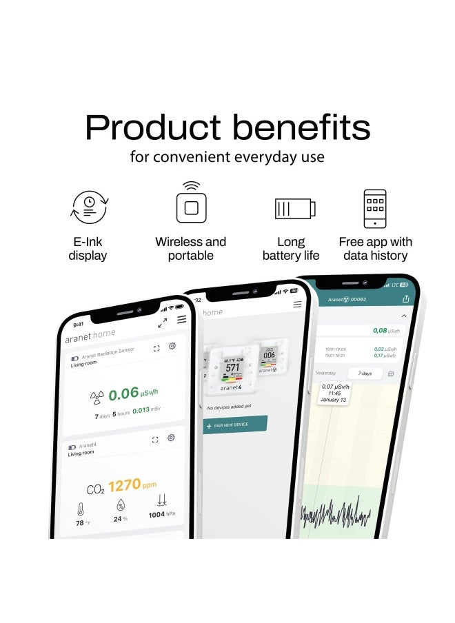 SAF - Aranet4 Home Wireless Indoor Air Quality Monitor For Office Or School Co2 Temperature Humidity And More Portable Battery Powered E Ink Screen App For Configuration And Data History - Image 1