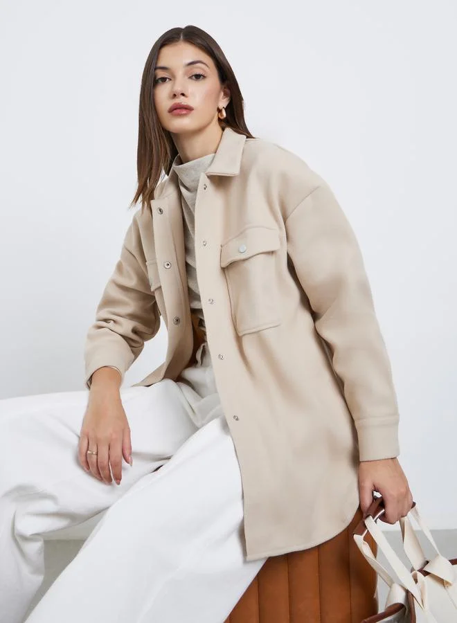 Styli Beige Oversized Longline Shacket