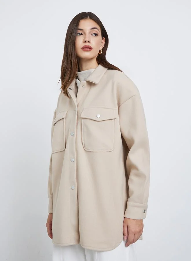Styli Styli Beige Oversized Longline Shacket