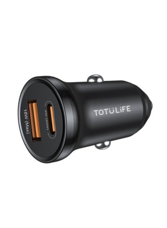 توتو لايف شاحن سيارة سريع TOTU LIFE بقوة 20 واط، يدعم الشحن السريع PD و QC، صغير الحجم، بمنفذين USB-C و USB-A، متوافق مع أجهزة iPhone 17 و 16 Pro Max، و Samsung Galaxy S26 و S25 Ultra، و Huawei، و Xiaomi Honor، و Oppo، و Vivo، وسماعات Apple Watch - Image 1