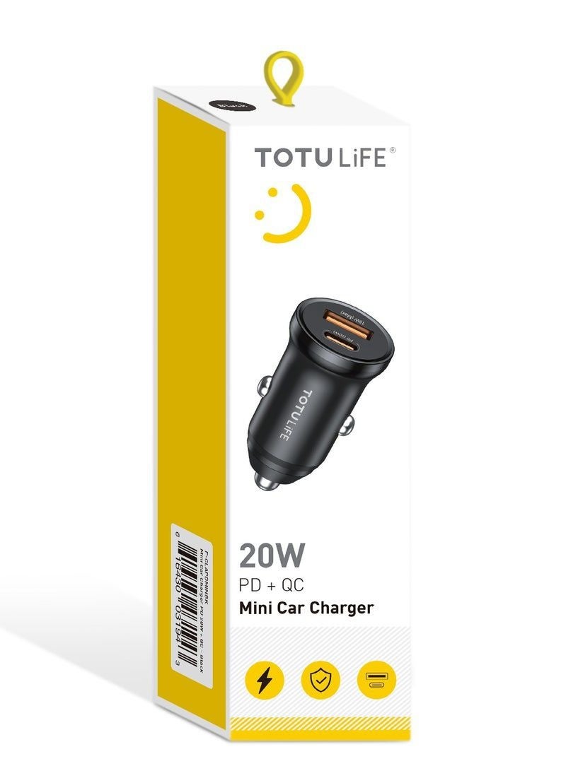 توتو لايف شاحن سيارة سريع TOTU LIFE بقوة 20 واط، يدعم الشحن السريع PD و QC، صغير الحجم، بمنفذين USB-C و USB-A، متوافق مع أجهزة iPhone 17 و 16 Pro Max، و Samsung Galaxy S26 و S25 Ultra، و Huawei، و Xiaomi Honor، و Oppo، و Vivo، وسماعات Apple Watch - Image 2
