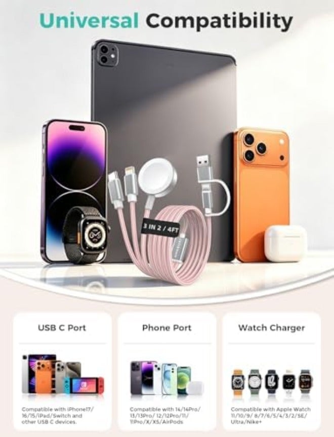 مستلزمات السفر، كابل USB‑C 3 في 2 لشحن ساعة آبل وآيفون - Image 4