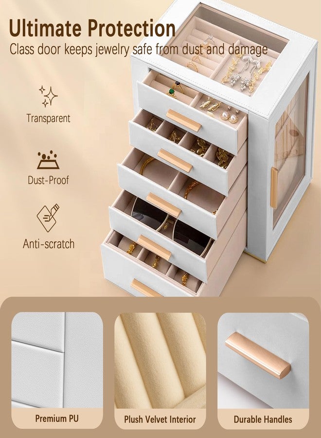 Homeanda Jewelry Box for Women with Glass Lid, 5 Drawers Jewelry Organizer and Storage for Necklaces, Rings, Earrings, Bracelets, Gift for Girls and Teens,PU Leather (White) - Image 5