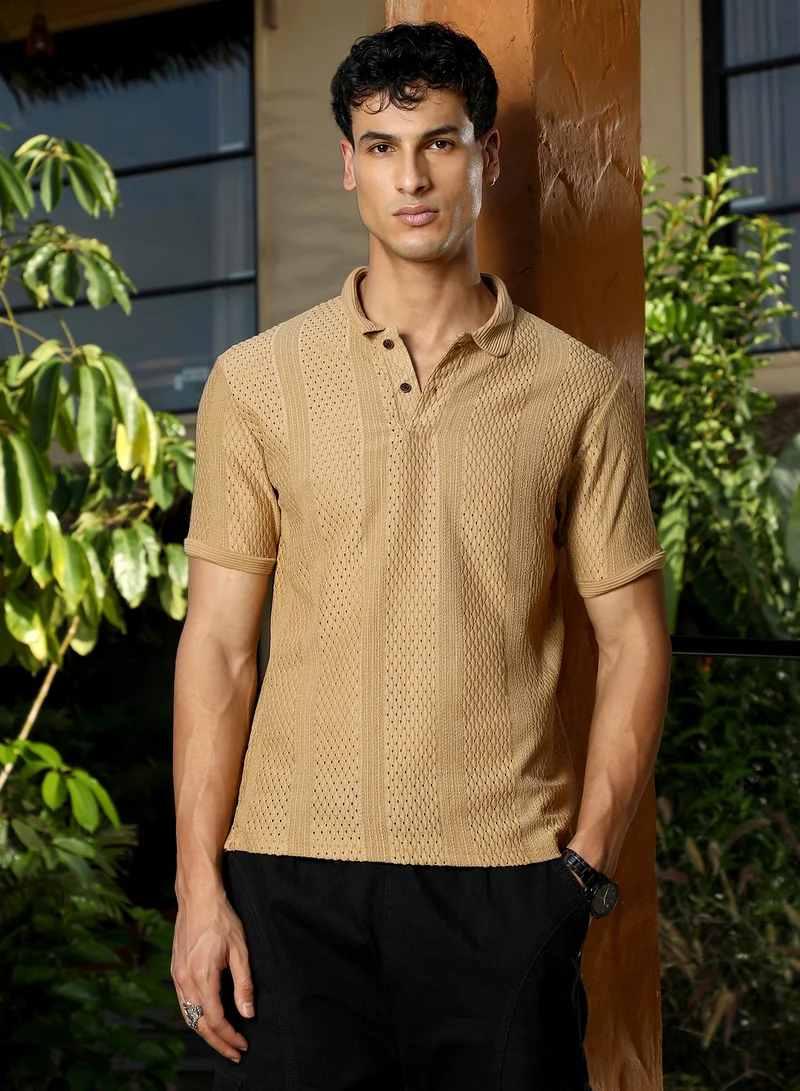 Campus Sutra Men Marquise-Panel Jacquard Polo T-Shirt | Polo Neck , Short Cuff Sleeves | Half-Button , Straight Hem | Solid Rachel-Jacquard | Knitted Fabric For Casual & Daily Wear | Sand Beige