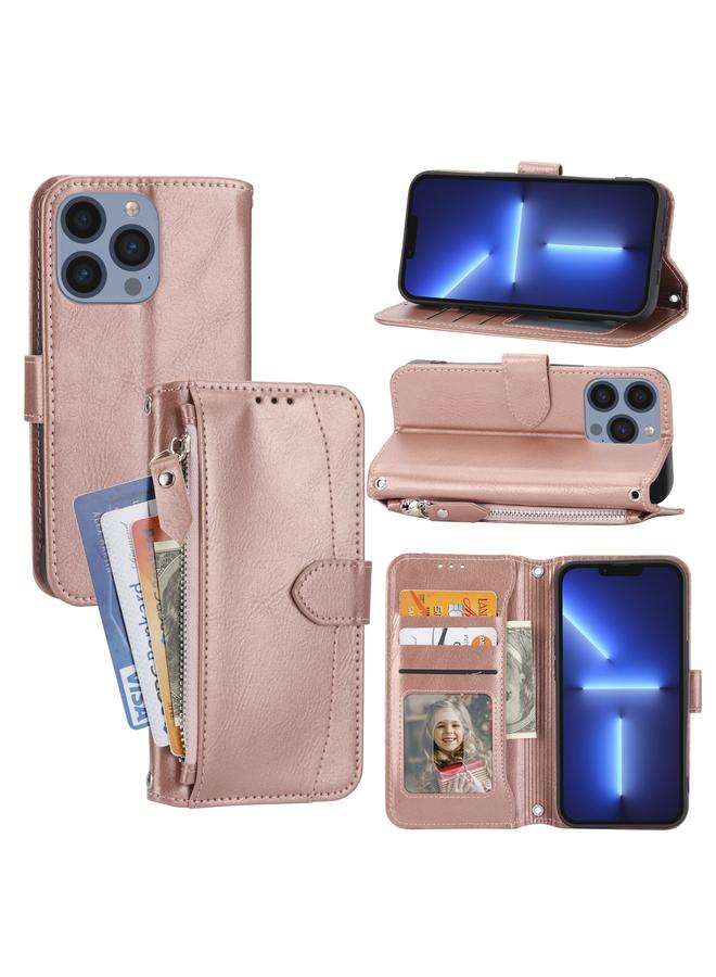 Green Tiger For iPhone 16 Pro Oil Skin Zipper Wallet Leather Phone Case(Rose Gold)