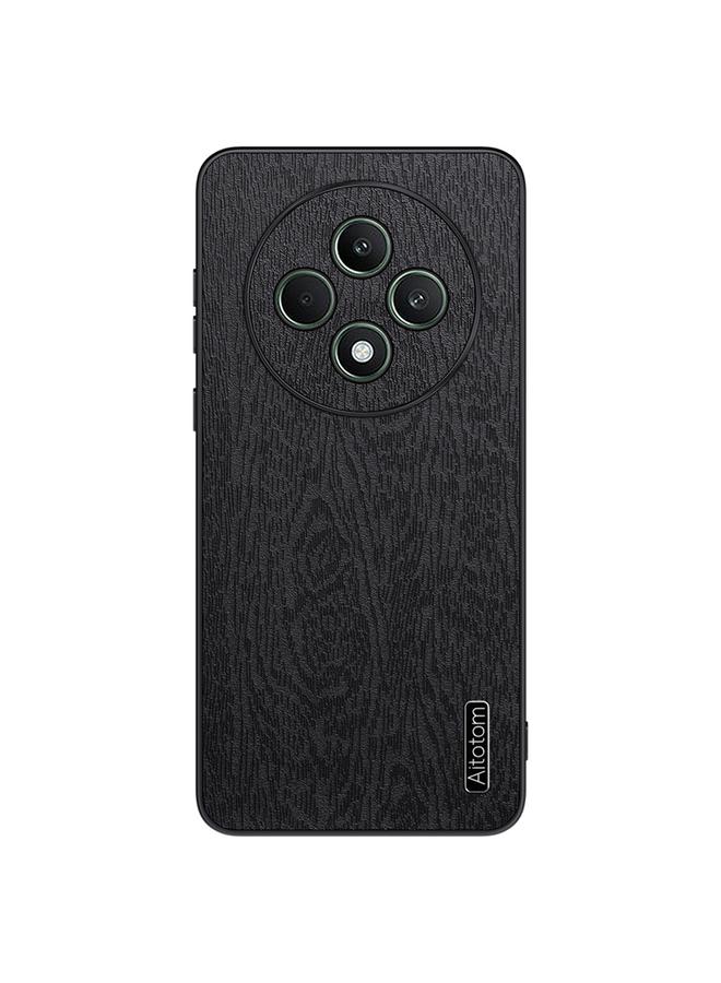 جراب هاتف مقاوم للصدمات مصنوع من جلد لحاء الشجر لهاتف OPPO Reno12 F 5G (أسود)