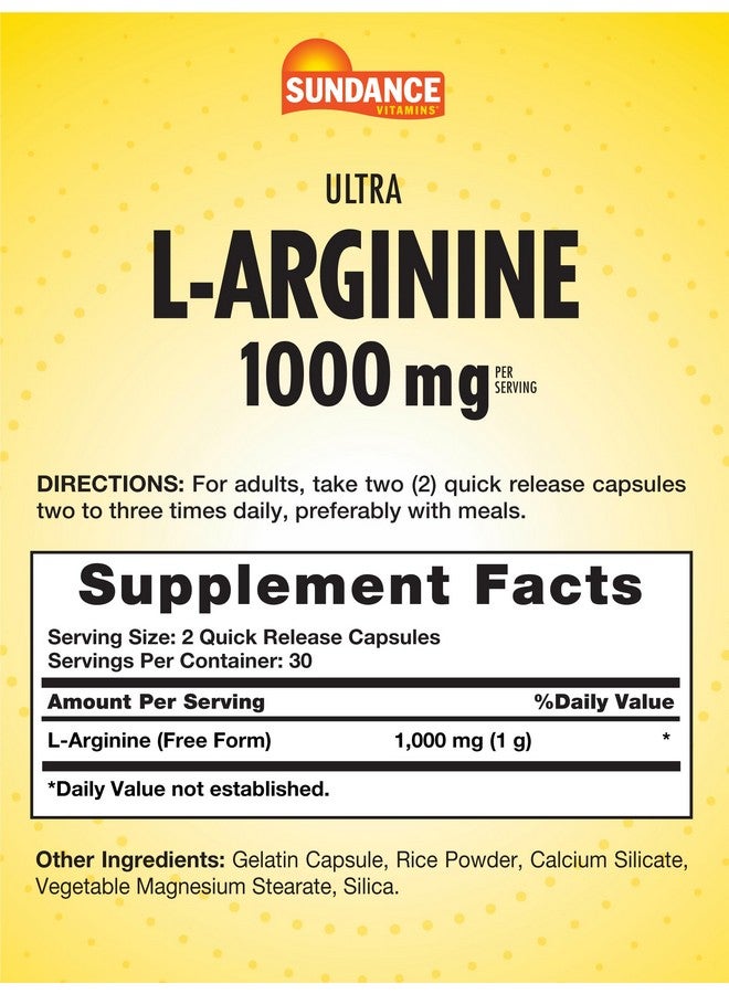 Sundance L-Arginine 1000mg Capsules | 60 Count | Free Form Amino Acid Supplement | Non-GMO and Gluten Free Supplement - Image 2