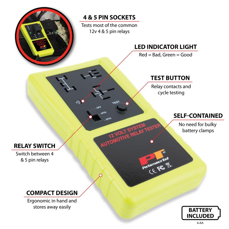 Performance Tool 3009 Compact Cordless Automotive Relay Tester for 12 Volt 4 and 5 pin relays and More - Image 2