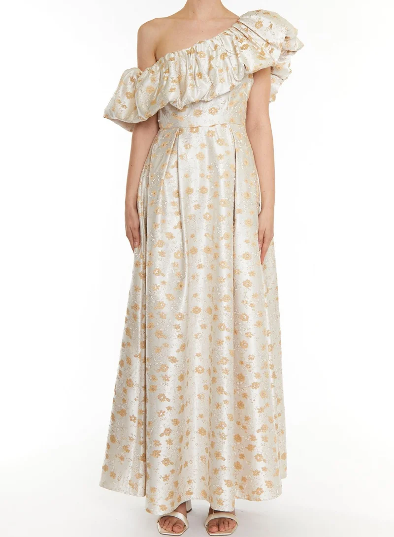 ترو ديكادينس Blake Cream Gold Jacquard Puff One Shoulder Maxi-Dress
