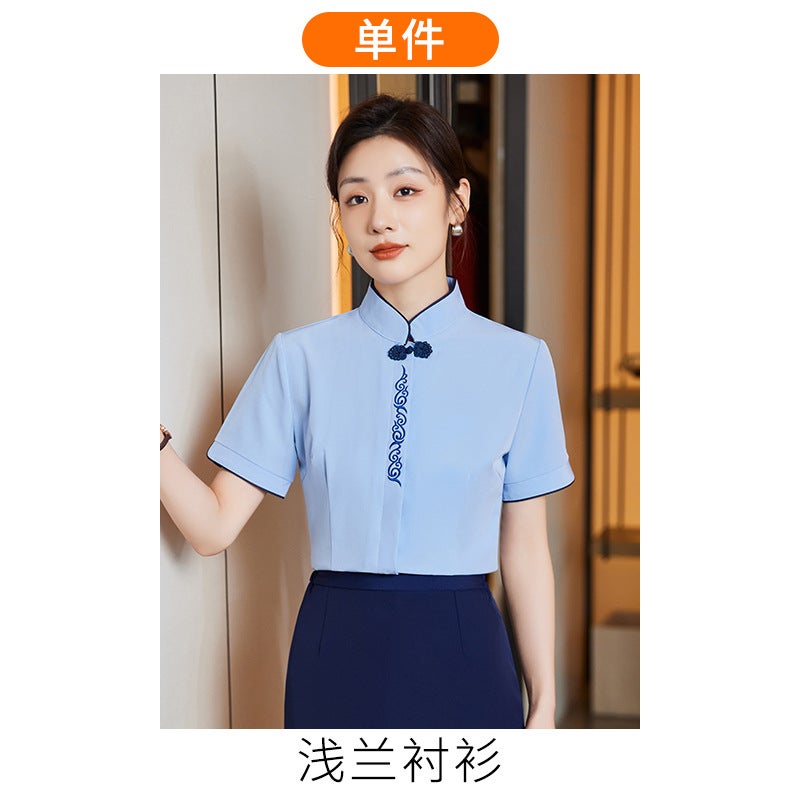[Retro Collar] Business Dress Blue Shirt Womens Summer Jewelry Store Front Desk Attendant Tooling Work Clothes Black Dress  - Image 3