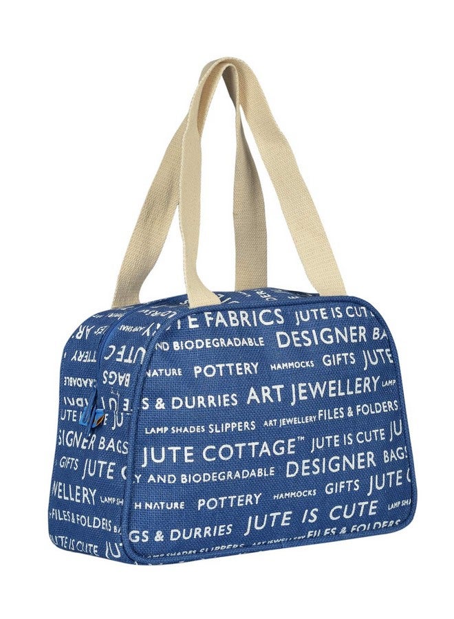 Jute Cottage Jute Bags for Lunch for Women and Men | Jute Grocery Bag | Jute Carry Bag | Jute Tiffin Bags | Jute Bags with zip | Printed Jute Bag Print - Blue - Image 1