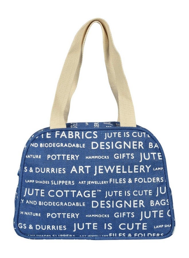 Jute Cottage Jute Bags for Lunch for Women and Men | Jute Grocery Bag | Jute Carry Bag | Jute Tiffin Bags | Jute Bags with zip | Printed Jute Bag Print - Blue - Image 2