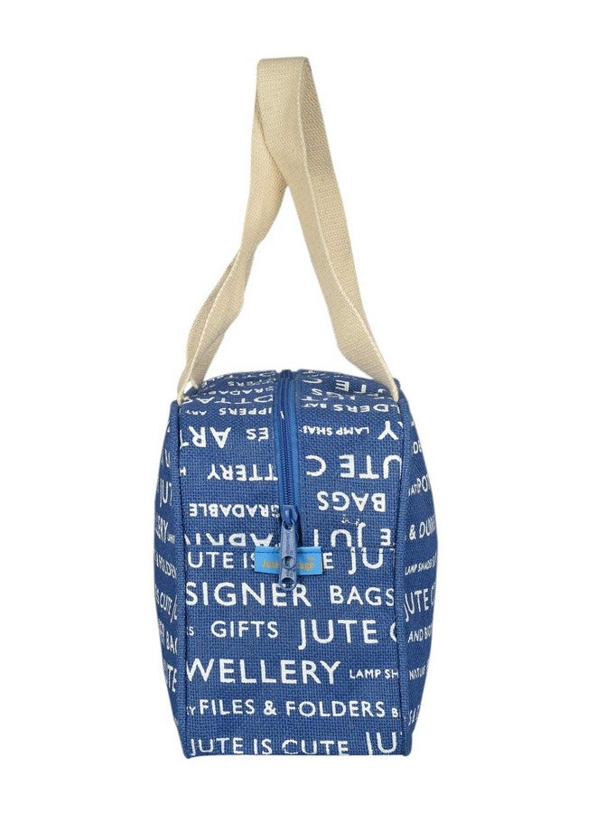 Jute Cottage Jute Bags for Lunch for Women and Men | Jute Grocery Bag | Jute Carry Bag | Jute Tiffin Bags | Jute Bags with zip | Printed Jute Bag Print - Blue - Image 3