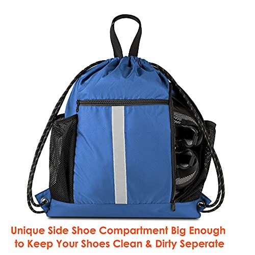 BeeGreen Royal Blue String Backpack Bag Cinch Sack with Shoe Compartment and Two Side Mesh Pockets Lightweight Sturdy Drawstring Gym Sackpack 1 Pack for Unisex - Image 2