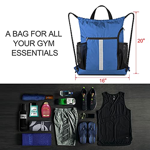 BeeGreen Royal Blue String Backpack Bag Cinch Sack with Shoe Compartment and Two Side Mesh Pockets Lightweight Sturdy Drawstring Gym Sackpack 1 Pack for Unisex - Image 3