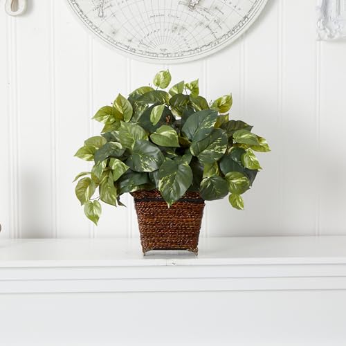 Nearly Natural Pothos with Coiled Rope Planter Silk Plant - Image 3