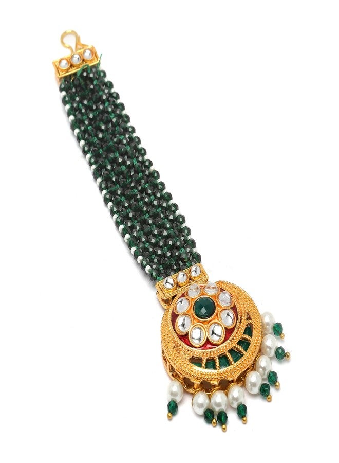 KENNICE Gold-Plated Stones & Beads studded-beaded Meenakari Crescent Shaped Maang Tikka - Image 3