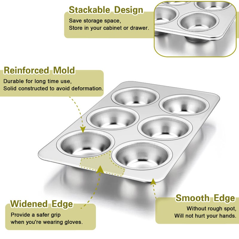 P&P CHEF Muffin Pan Cupcake Baking Pan  P&P Chef 6-Cups Mini Stainless Steel Muffin Tray  Metal Cupcake Pan For Cake Tart Brownie Quiche  Food Safety & Heavy Duty  Easy Release & Dishwasher Safe - Image 3