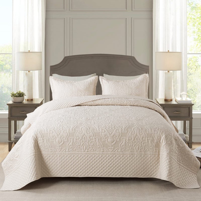 طقم غطاء سرير NEWLAKE بتصميم جاكار بيج مزخرف بنمط زهور قابل للعكس مع تطريز من الألياف الدقيقة بحجم كوين