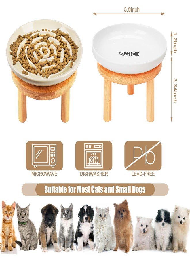 Lfpkixise Shallow Elevated Cat Bowls with Bamboo Stand, 5.9 Inch Raised Slow Feeder Cat Bowl and Wide Ceramic Cats Bowls Whisker Friendly, 2 Pack Pet Dishes for Dry and Wet Food Dishwasher Safe - Image 2