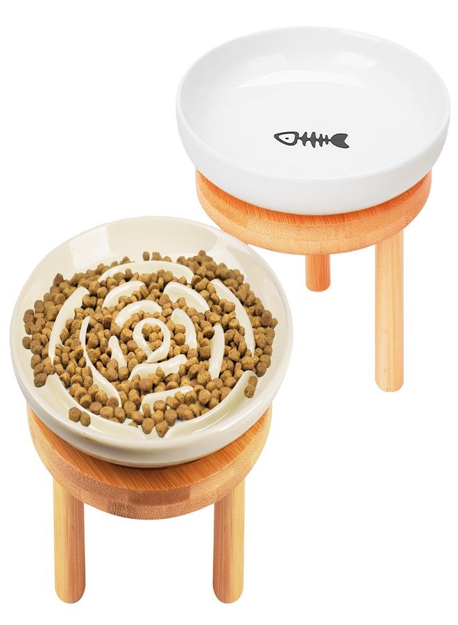 Lfpkixise Shallow Elevated Cat Bowls with Bamboo Stand, 5.9 Inch Raised Slow Feeder Cat Bowl and Wide Ceramic Cats Bowls Whisker Friendly, 2 Pack Pet Dishes for Dry and Wet Food Dishwasher Safe - Image 1