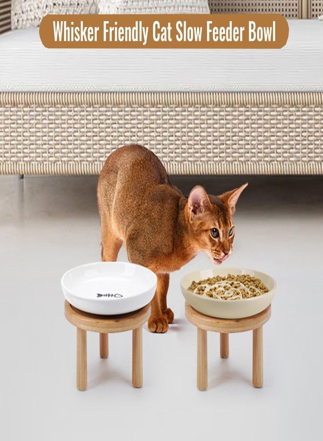Lfpkixise Shallow Elevated Cat Bowls with Bamboo Stand, 5.9 Inch Raised Slow Feeder Cat Bowl and Wide Ceramic Cats Bowls Whisker Friendly, 2 Pack Pet Dishes for Dry and Wet Food Dishwasher Safe - Image 4