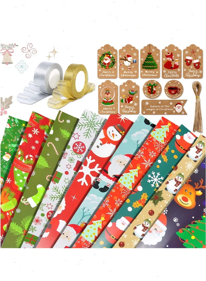 Christmas Wrapping Paper, 10 Sheets Gift Wrapping Paper with 50Pcs of Tags and 2 Roll Ribbons, Snowflake Elk Christmas Wrapping Paper Bulk for Kids Adult Gift's, 20x29 inches Folded Flat - Image 1