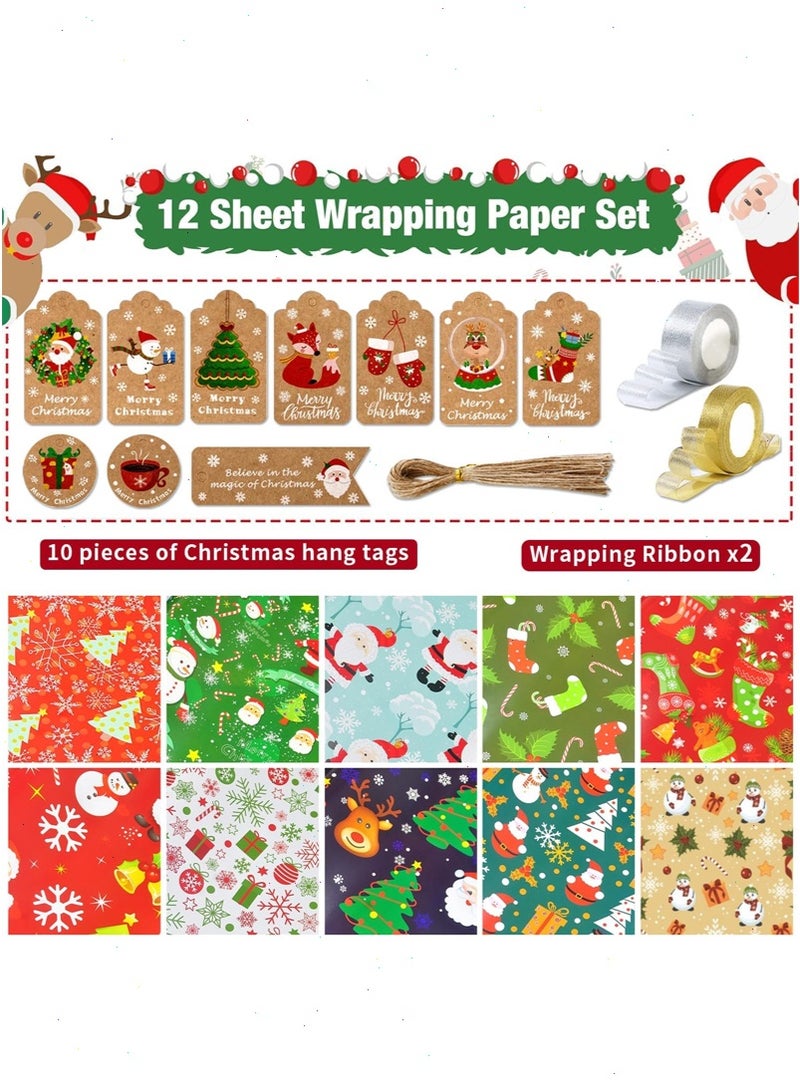 Christmas Wrapping Paper, 10 Sheets Gift Wrapping Paper with 50Pcs of Tags and 2 Roll Ribbons, Snowflake Elk Christmas Wrapping Paper Bulk for Kids Adult Gift's, 20x29 inches Folded Flat - Image 3