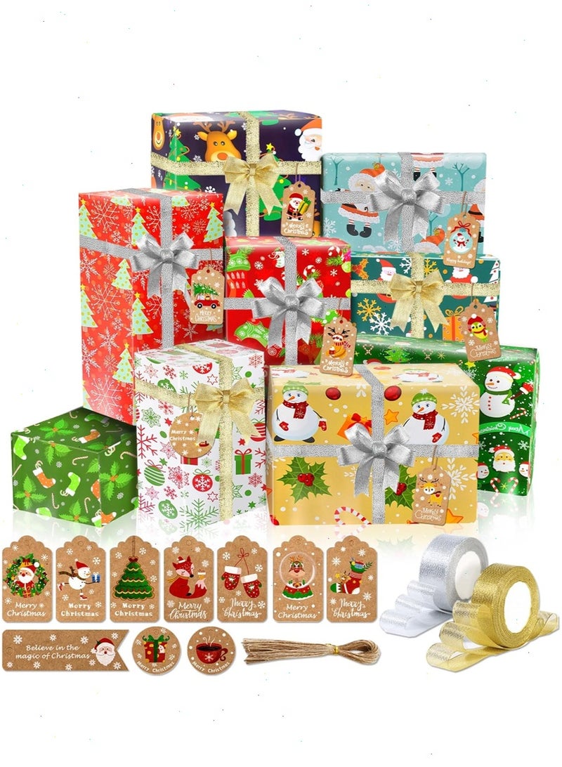 Christmas Wrapping Paper, 10 Sheets Gift Wrapping Paper with 50Pcs of Tags and 2 Roll Ribbons, Snowflake Elk Christmas Wrapping Paper Bulk for Kids Adult Gift's, 20x29 inches Folded Flat - Image 4