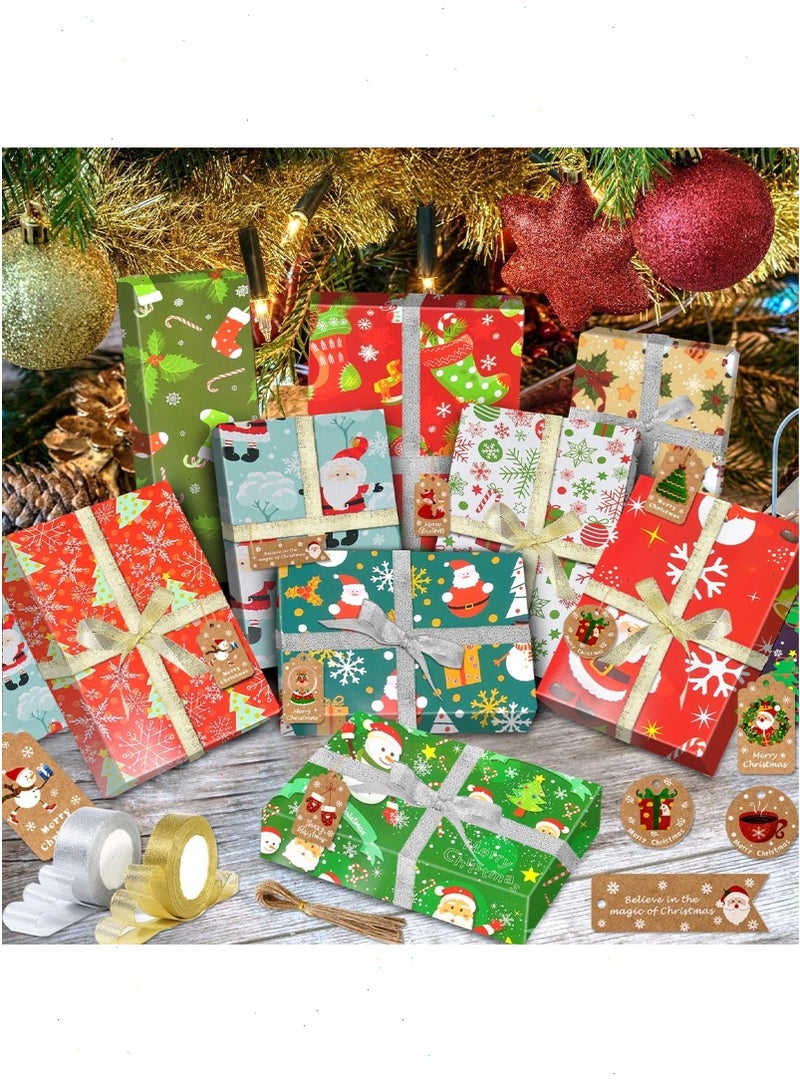 Christmas Wrapping Paper, 10 Sheets Gift Wrapping Paper with 50Pcs of Tags and 2 Roll Ribbons, Snowflake Elk Christmas Wrapping Paper Bulk for Kids Adult Gift's, 20x29 inches Folded Flat - Image 5