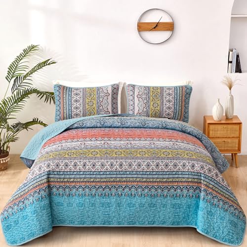 WONGS BEDDING Boho King Quilt Set Pink and Blue Bohemian Quilt Bedding Set Lightweight Bed Decor Bedspread for All Season Reversible Microfiber Coverlet Bedding Set 103x903 Pieces - Image 1