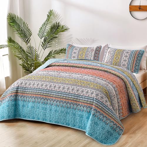 WONGS BEDDING Boho King Quilt Set Pink and Blue Bohemian Quilt Bedding Set Lightweight Bed Decor Bedspread for All Season Reversible Microfiber Coverlet Bedding Set 103x903 Pieces - Image 3