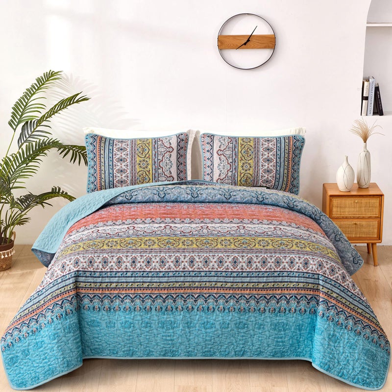 WONGS BEDDING Boho King Quilt Set Pink and Blue Bohemian Quilt Bedding Set Lightweight Bed Decor Bedspread for All Season Reversible Microfiber Coverlet Bedding Set 103x903 Pieces - Image 2