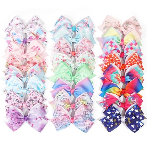 CellElection 24PCS 45Inch Bows for Girls Boutique Grosgrain Ribbon Rainbow Hair Bow Alligator Hair Clips Pigtail Bows Unicorn Hair Clips for Baby Girls Toddler Kids Children Teens - Image 1