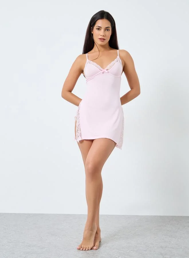 Take Two Take Two Solid Lace Trim Bow Detail Cami Slip Dress