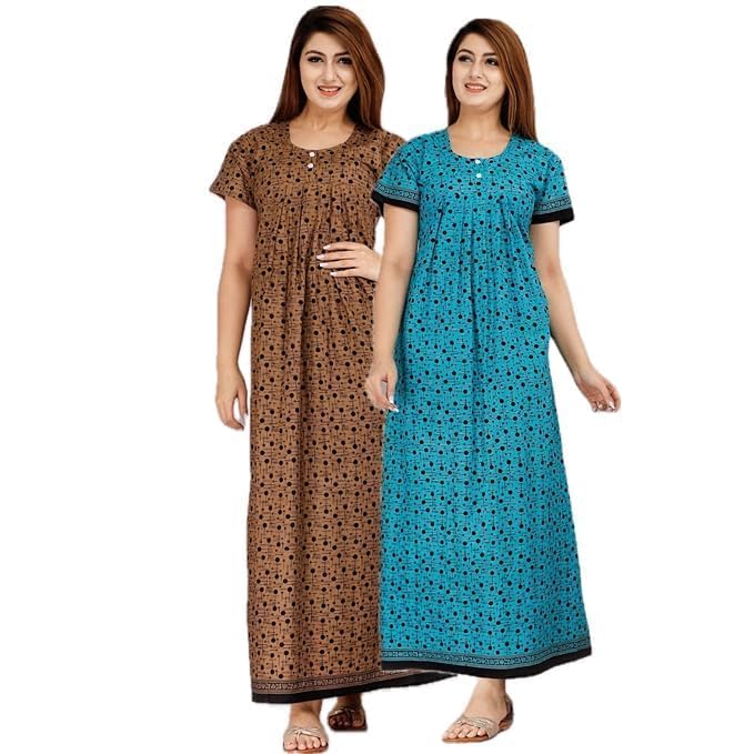 Vlazom Women's Pure Cotton Rajasthani Nighty & Jaipuri Maxi Gown – Pack of 2, Soft & Breathable Sleepwear (Brown,Blue1, Free Size) - Image 1