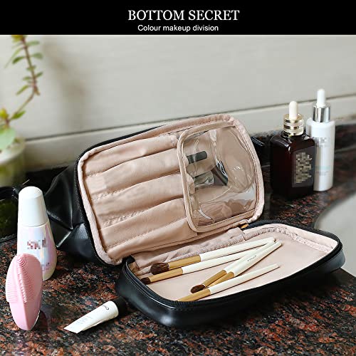 Abiudeng Large Makeup Bag for Women,Travel Makeup Organizer with Brush Holder, Dopp Kit Essentials,Waterproof PU Cosmetic Bag for Traveling,Multi Compartment, Cute,Spacious Capacity-Black - Image 5