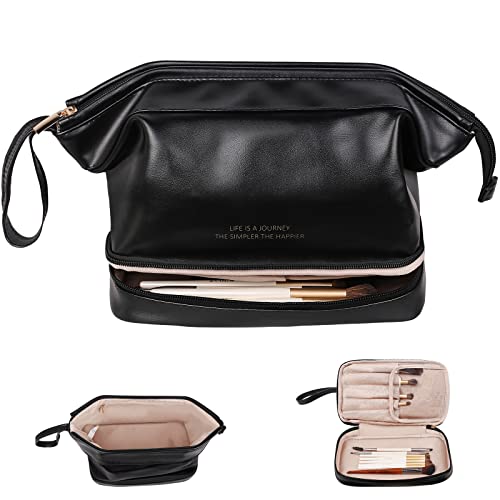 Abiudeng Large Makeup Bag for Women,Travel Makeup Organizer with Brush Holder, Dopp Kit Essentials,Waterproof PU Cosmetic Bag for Traveling,Multi Compartment, Cute,Spacious Capacity-Black - Image 1