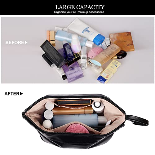 Abiudeng Large Makeup Bag for Women,Travel Makeup Organizer with Brush Holder, Dopp Kit Essentials,Waterproof PU Cosmetic Bag for Traveling,Multi Compartment, Cute,Spacious Capacity-Black - Image 4