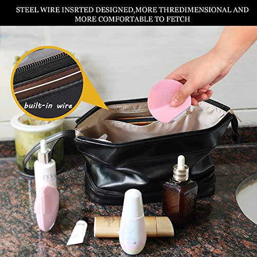 Abiudeng Large Makeup Bag for Women,Travel Makeup Organizer with Brush Holder, Dopp Kit Essentials,Waterproof PU Cosmetic Bag for Traveling,Multi Compartment, Cute,Spacious Capacity-Black - Image 3