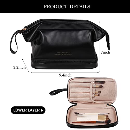 Abiudeng Large Makeup Bag for Women,Travel Makeup Organizer with Brush Holder, Dopp Kit Essentials,Waterproof PU Cosmetic Bag for Traveling,Multi Compartment, Cute,Spacious Capacity-Black - Image 2
